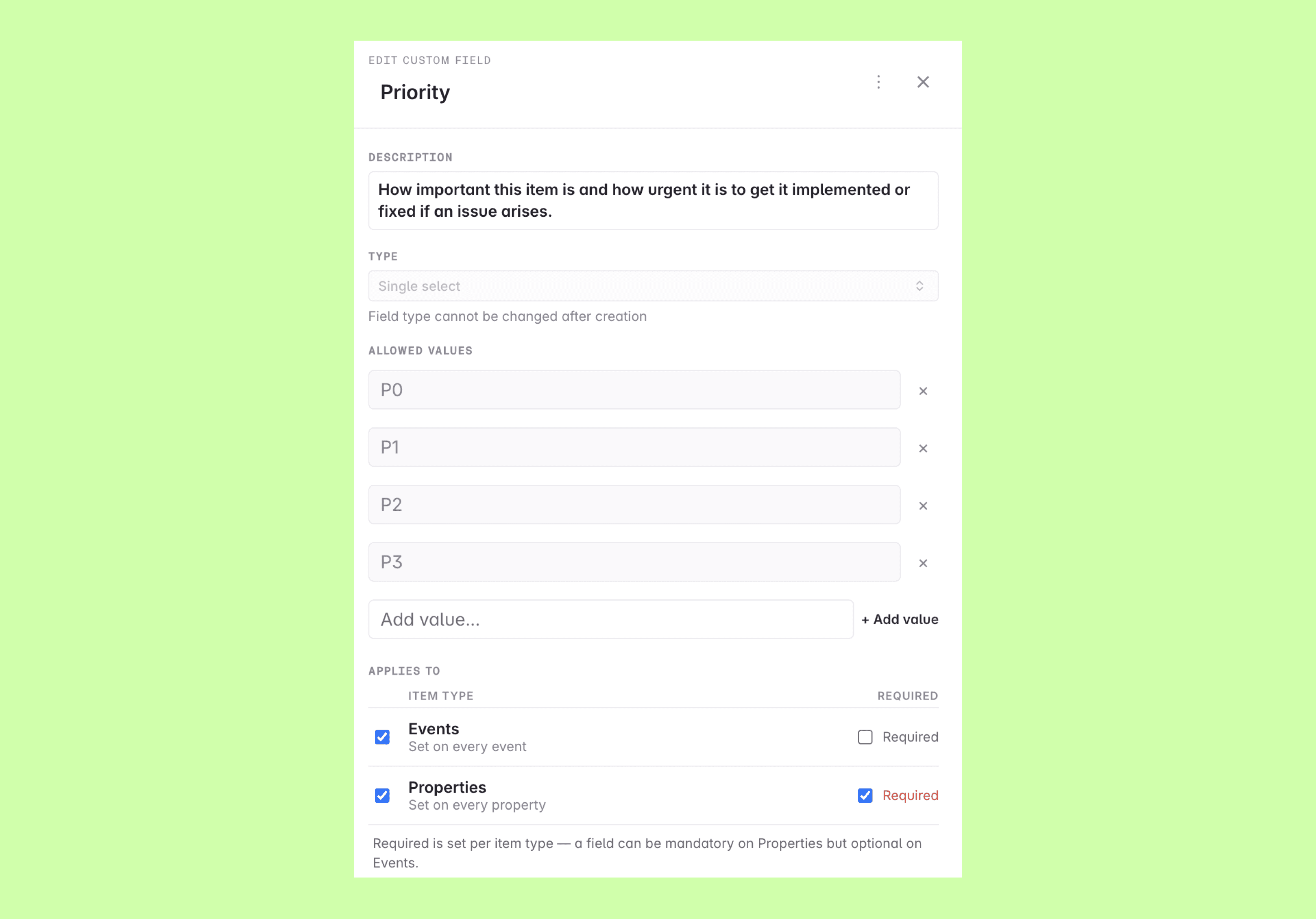 The details of a Priority custom field with allowed values, scopes and per-scope required toggles