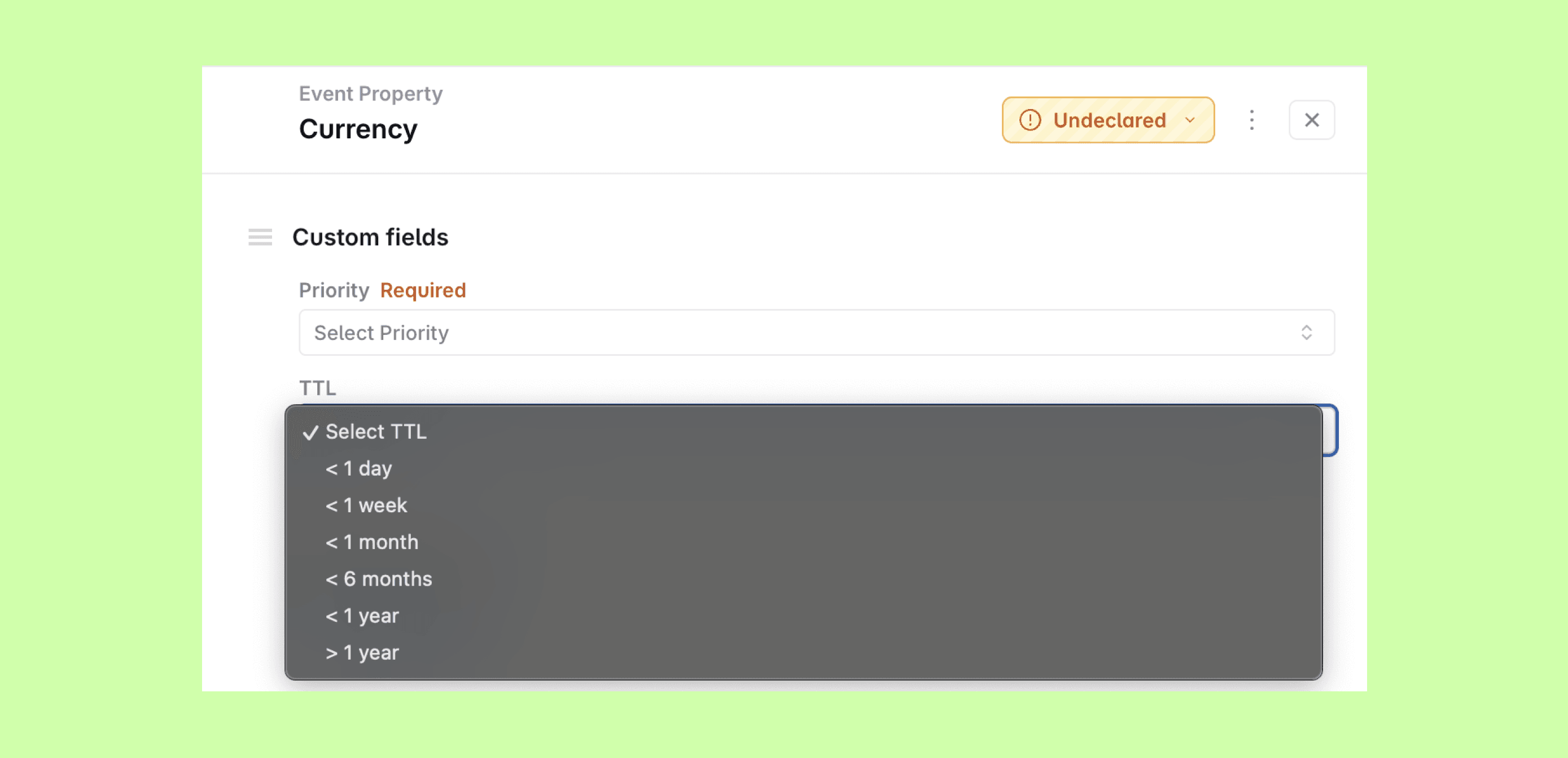 The Custom Fields section on property details, with a required Priority field and the TTL dropdown open
